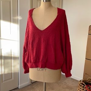 free people red v neck/off shoulder sweater